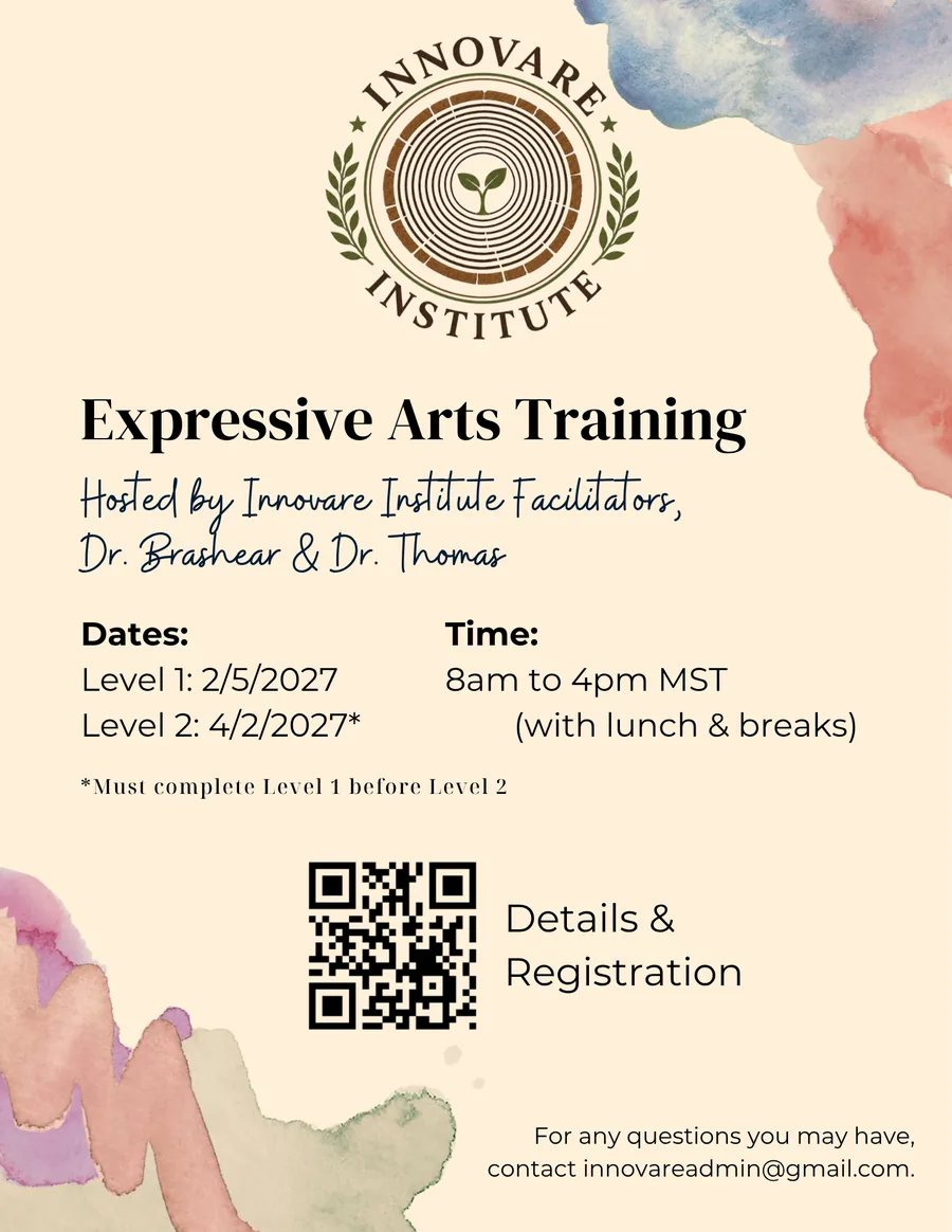 Expressive Arts Training 2027 flyer: Level 1 on February 5 and Level 2 on April 2, 2027, 8am to 4pm Mountain, hosted by Dr. Brashear and Dr. Thomas