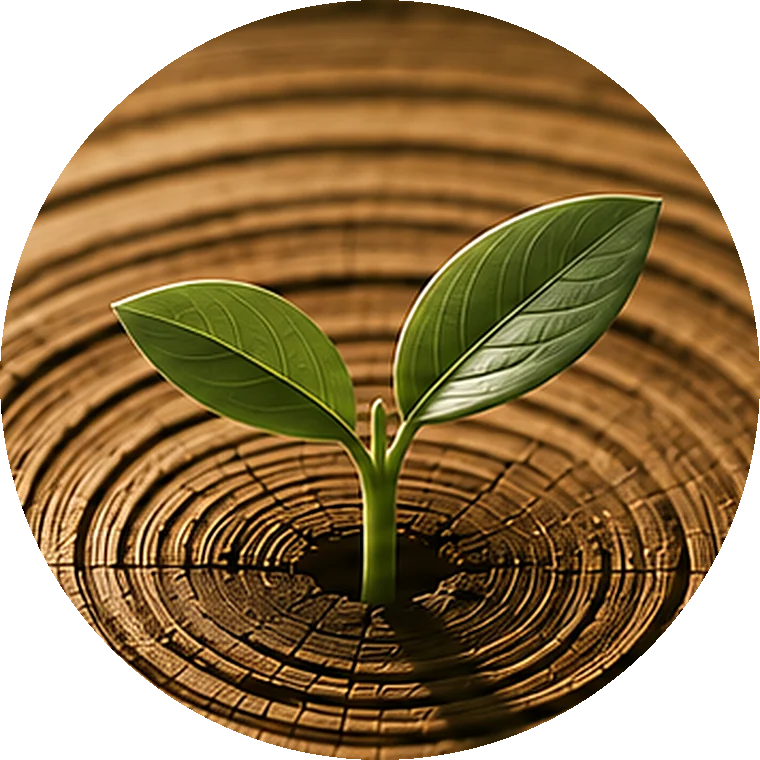 A green sprout growing from the center of a tree stump's rings